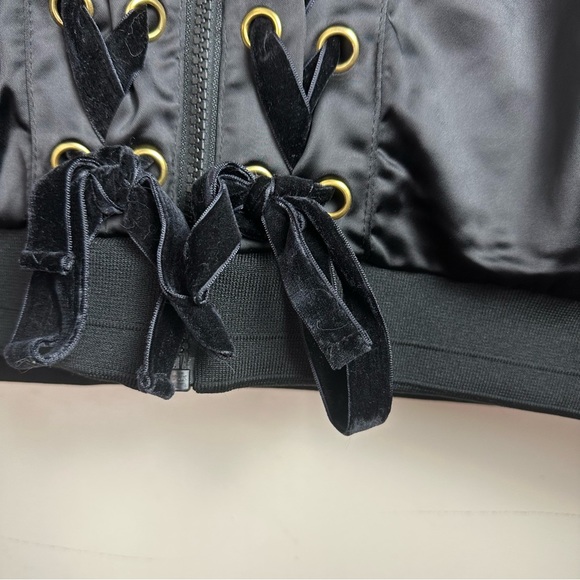 Lane Bryant Black Satin Bomber Jacket W/Velvet Lace Up Front Detail Size 18/20 - Picture 8 of 15